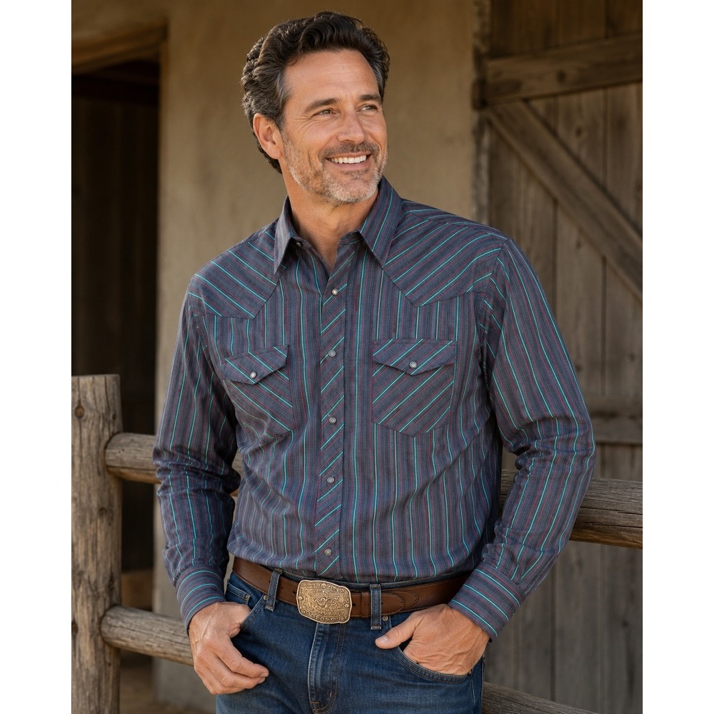Sheplers Western Fit Pearl Snap Shirt Mens XL Blue Striped Cotton Blend Cowboy